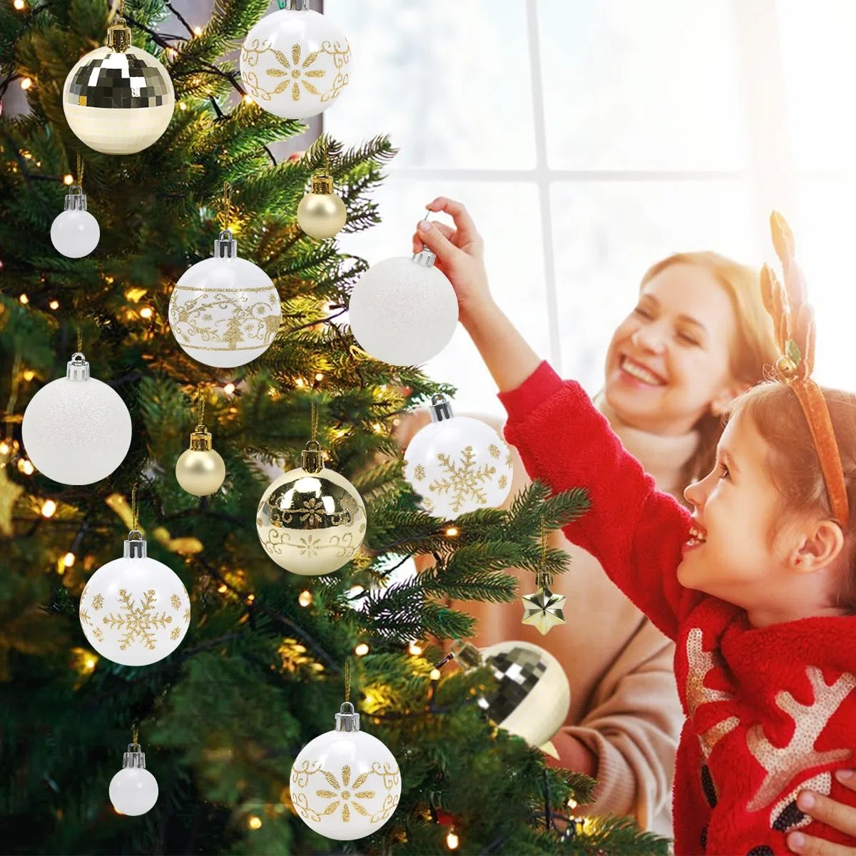 Palline di Natale Oro e Bianco, 44 Pezzi Decorazioni Albero di Natale, Palline Albero Natale, Addobbi Natalizi per Albero, Palle e Stelle dell'Albero di Natale, Appendere Addobbi Natalizi