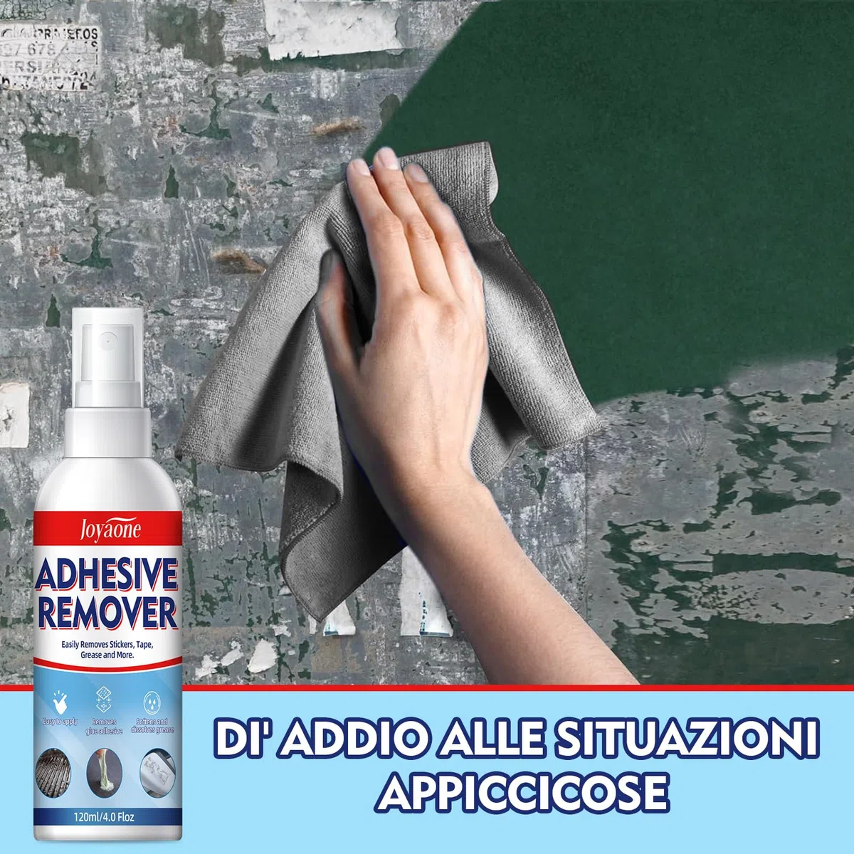 Rimuovi-colla 120 ml, Rimuovi-adesivi con raschietto in plastica, Formula sicura per superfici, Detergente ad azione rapida per etichette, decalcomanie, nastro adesivo, residui e macchie ostinate