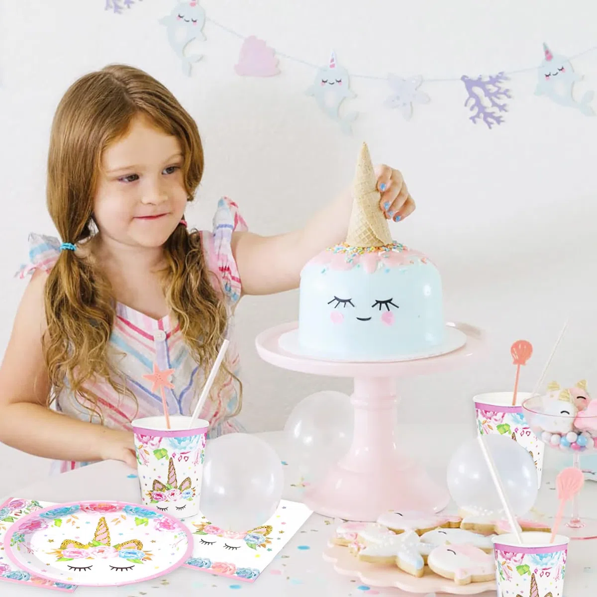 Bikasun Set di stoviglie per feste con unicorno, 16 ospiti, set di piatti con unicorno, per compleanno, per bambini, piatti di carta, tovaglioli, tovaglioli, decorazione per feste