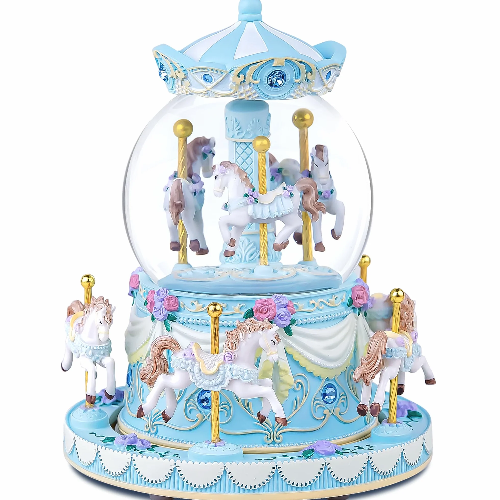 Carillon con carillon a forma di giostra, regalo di compleanno per ragazze, con carosello blu, palla di neve con cavallo, moglie, fidanzata, figlia, mamma, figlio, anniversario, festa della mamma, con