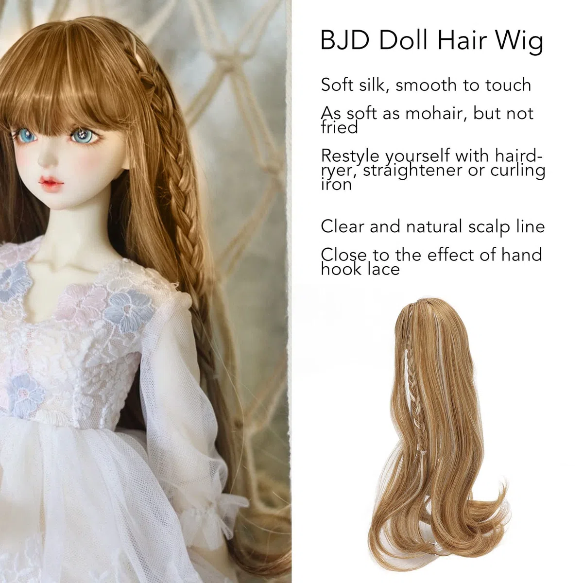 Zerodis 1/3 BJD - Parrucca per bambola SD, 21-24 cm, colore lino, morbida seta ad alta temperatura, capelli lunghi e ricci mohair, con frangia per indossare parrucca per bambole BJD, fai da te