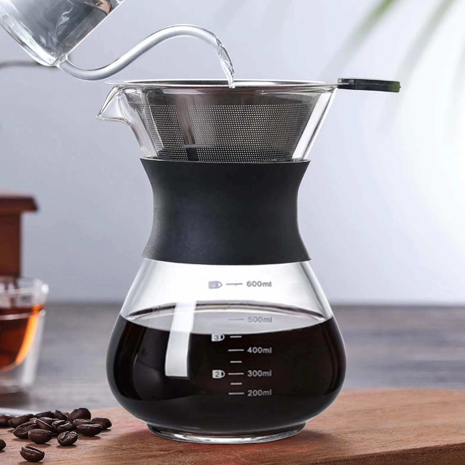 Pour Over - Caffettiera da 600 ml, per caffè con filtro, a mano, in acciaio inox, filtro a mano, in vetro, con filtro permanente, per la casa, il caffetteria, il ristorante e il campeggio, colore nero