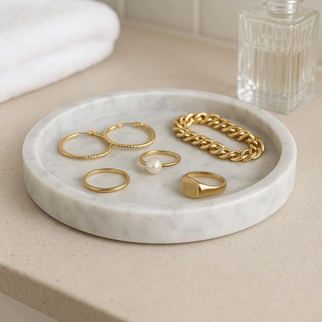 ROTONDI Carrara – Piatto Rotondo in Marmo Bianco Ø 25 cm | Elegante, Lucido, Naturale | Decorazione Casa, Bagno, Cucina, Soggiorno | Portaoggetti e Arredo Design
