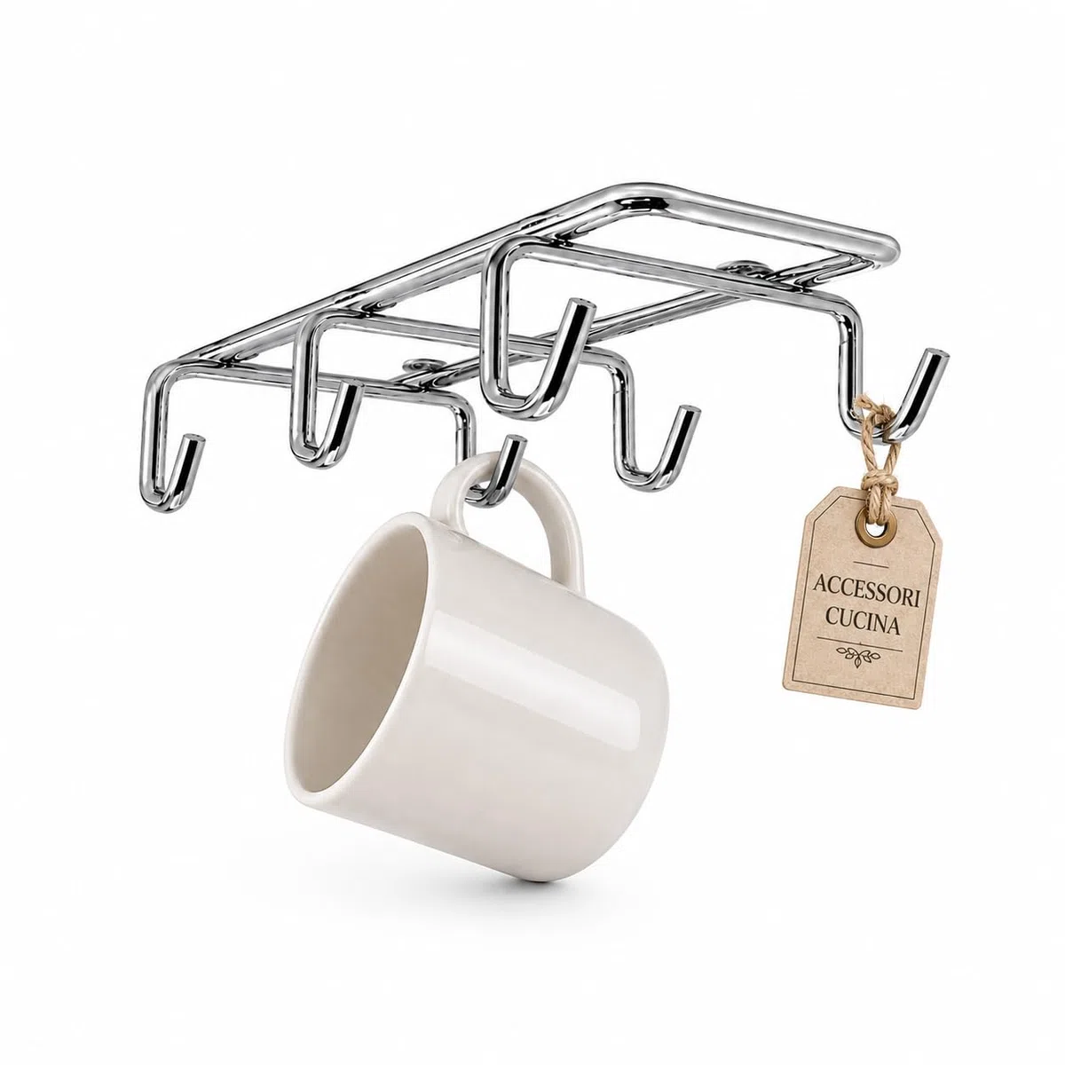 Porta Tazze da Appendere Premium | Organizer Cucina Salvaspazio Cromato - per Tazze e Tazzine da Caffè, 6 Ganci - dal Design Elegante e Struttura Professionale ad Alta Resistenza | GALVANOPLASTICA