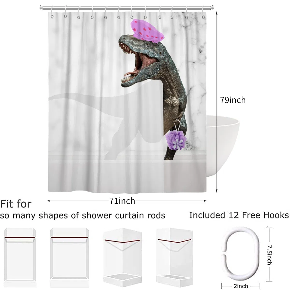 Tenda da doccia divertente dinosauro 180x200, grigio e bianco marmo tenda da bagno carino bagno Dino Raptor bambini creativo moderno impermeabile poliestere tessuto lavabile tenda da bagno