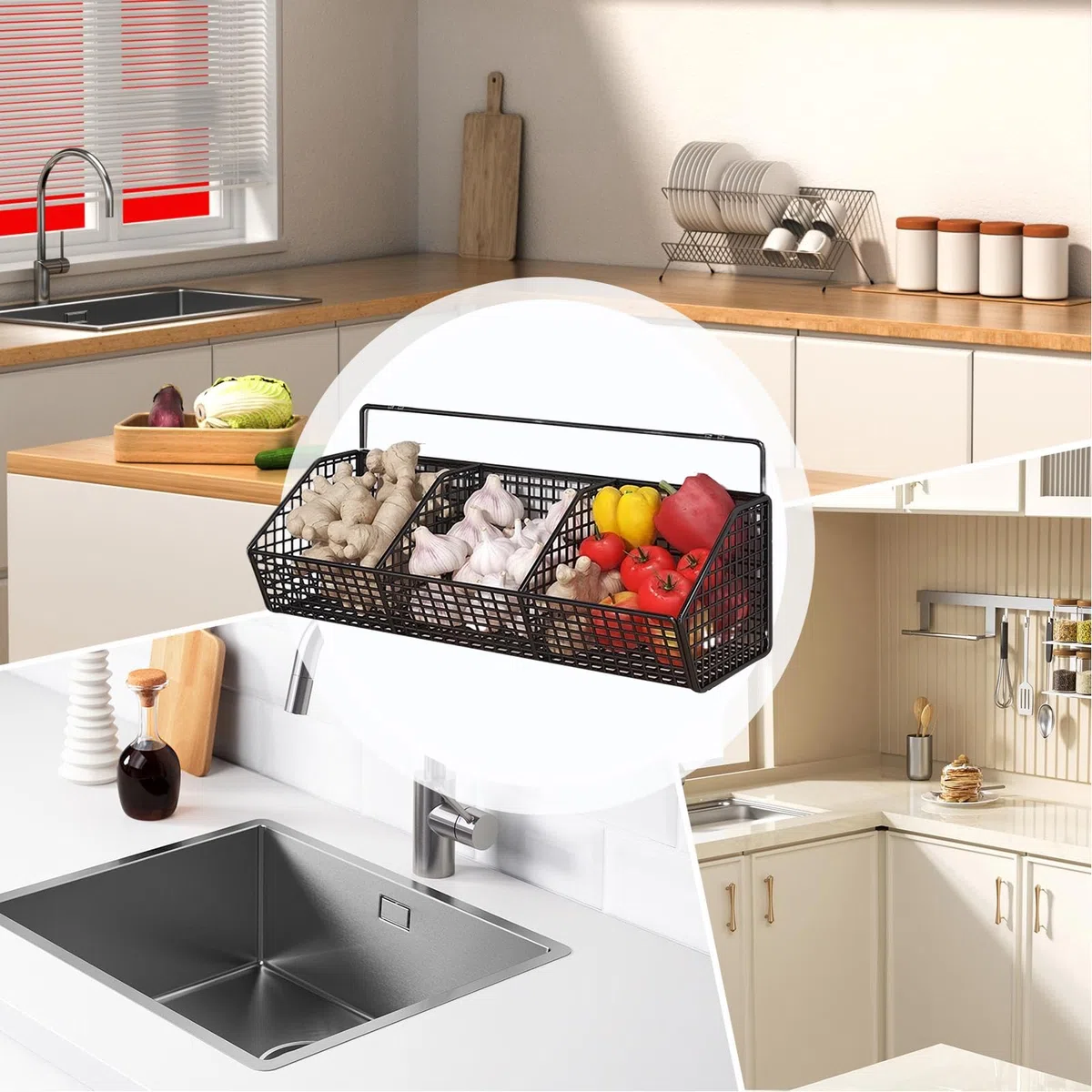 Portaverdure da cucina – Cesto portaoggetti da parete, contenitore a 3 livelli per patate, aglio, cipolle, organizer multiuso, cestino sospeso per verdure, soluzione