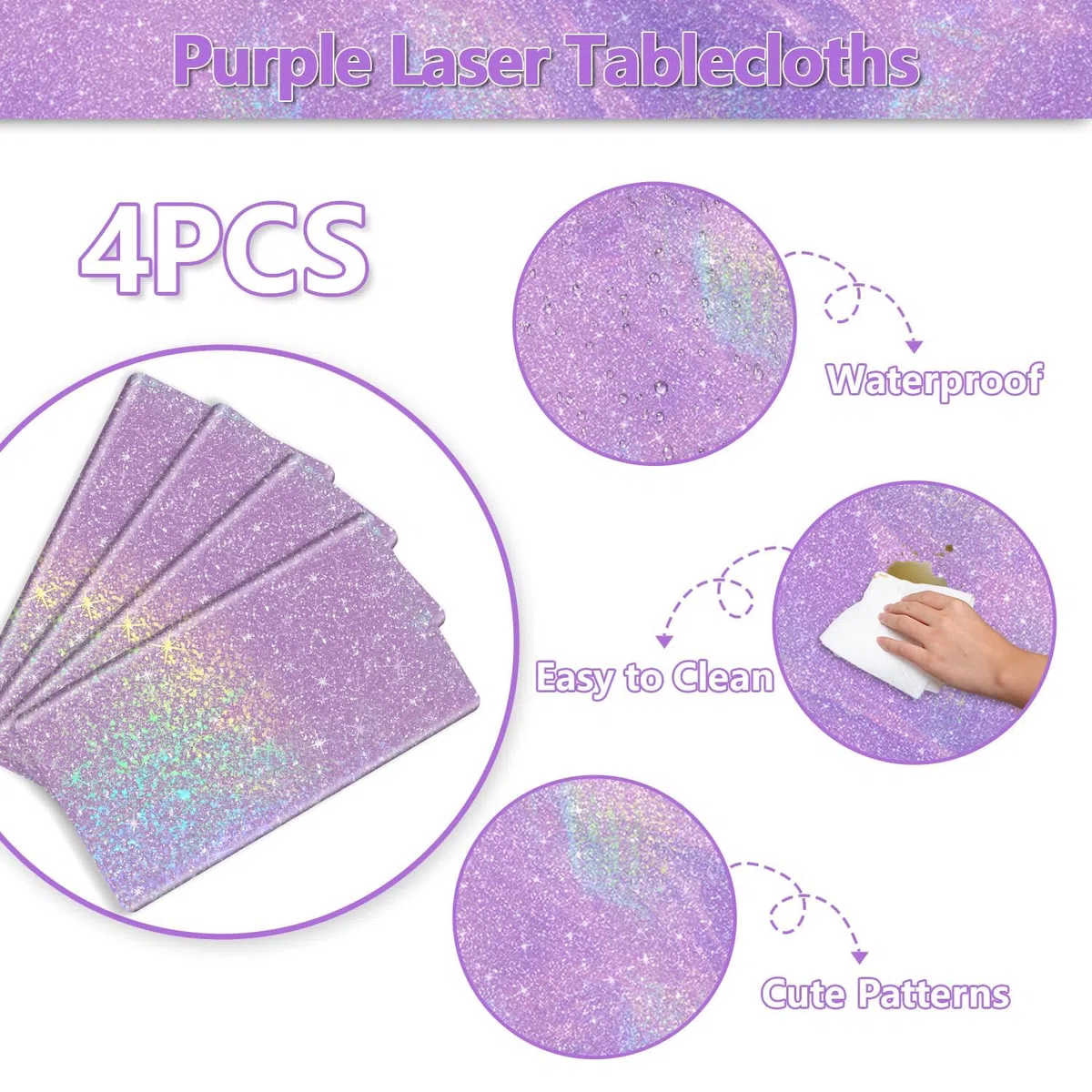 4 pezzi copritavolo laser viola, tovaglia viola rettangolare lucida per decorazioni di festa iridescenti Forniture per feste nuziali, 130 x 220 cm