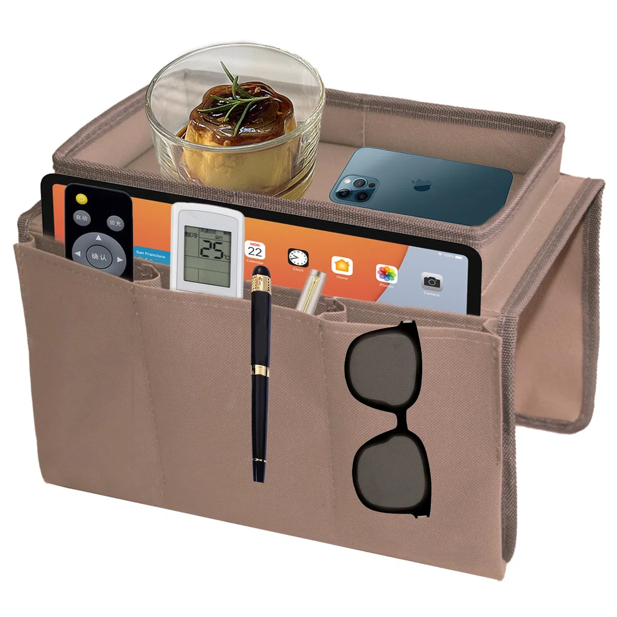 Organizzatore per bracciolo di divano, con vassoio, contenitore per telecomando, per telefono, libri, riviste, TV, telecomando, occhiali, tazza, snack, colore kaki