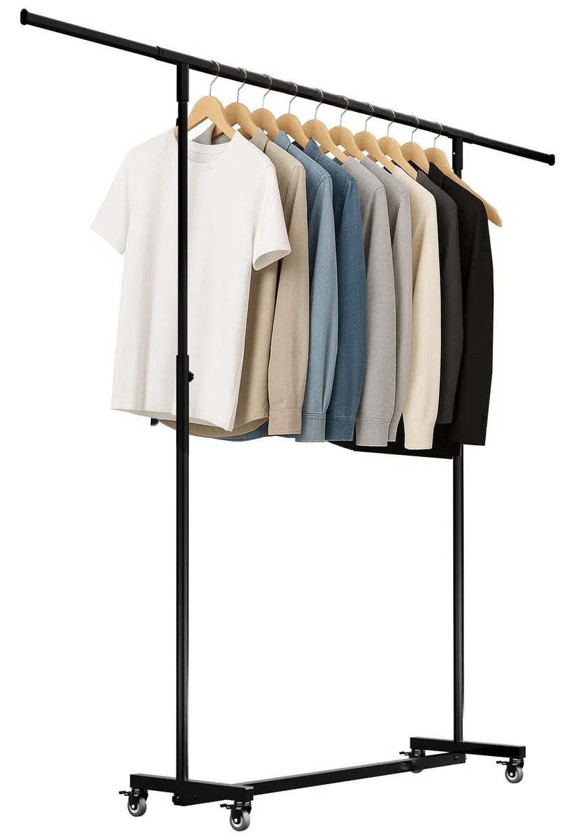 CLP Appendiabiti con Ruote Stabile Soran, Asta Regolabile in Altezza e Pieghevole, Stand Appendiabiti Metallo Nero Dimensione 150x50x188 cm