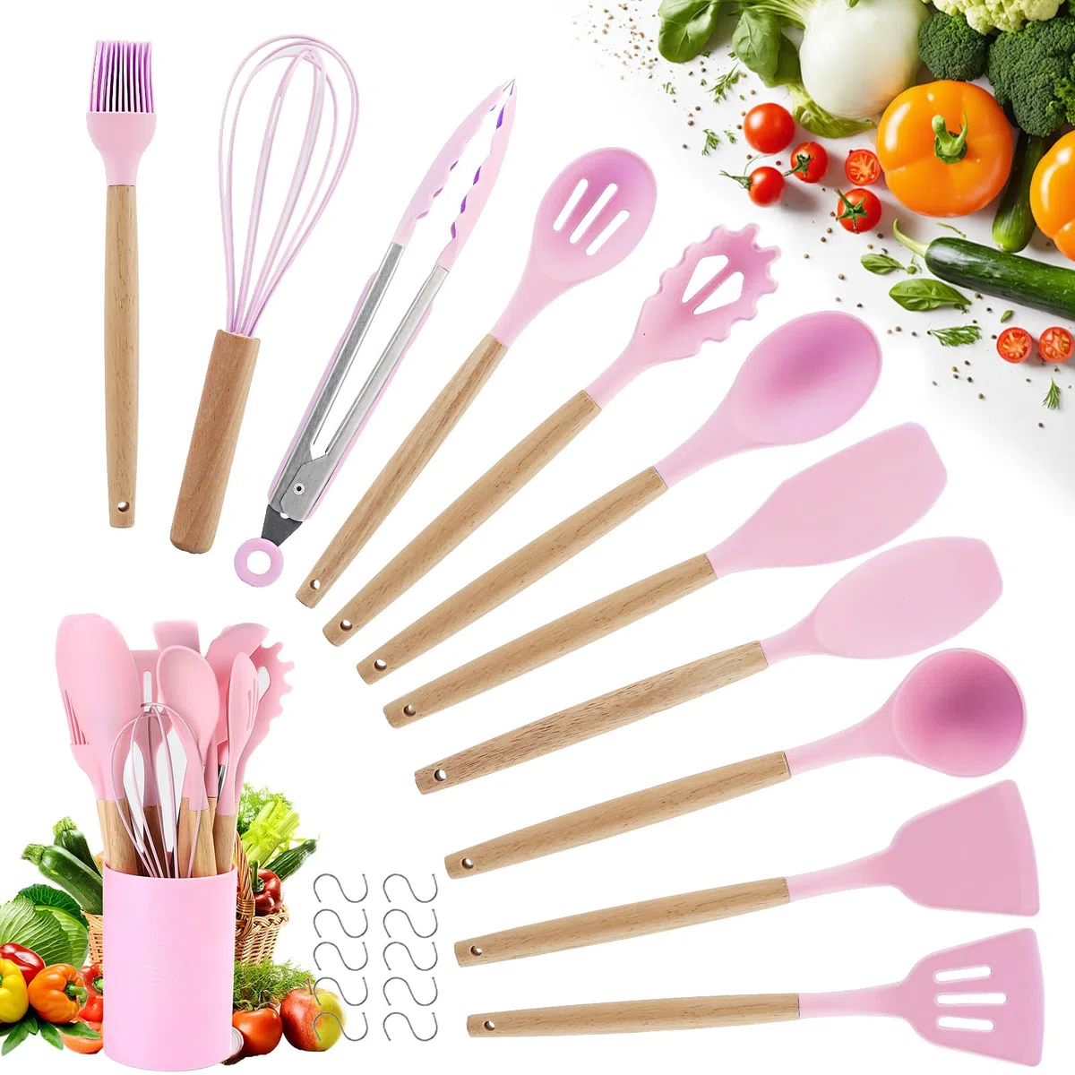 Utensili Cucina Silicone Set - Cucchiaio Silicone Cucina Set 22 Pezzi - Leccapentole Silicone - Mestoli Cucina Silicone - Dotato di 10 Ganci (Rosa)