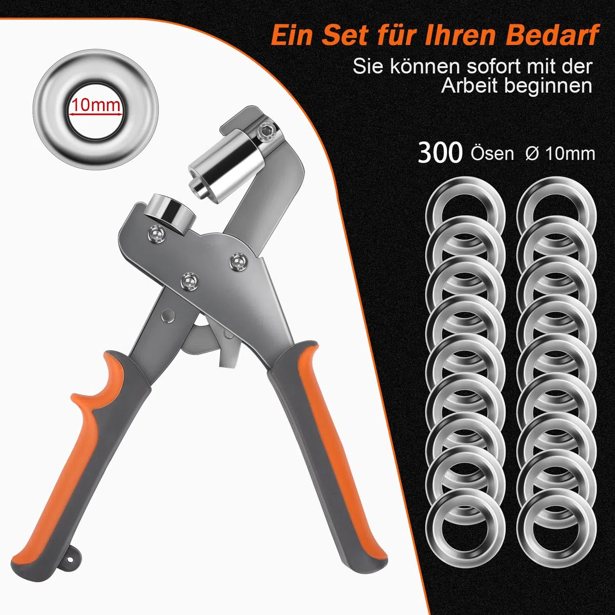 Pinza per occhielli, set professionale con 300 occhielli (diametro 10 mm), pressa per occhielli, set di pinze per occhielli in acciaio temprato, pinza magnetica con occhielli per teloni,