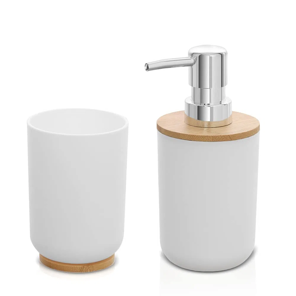 Inbagno Set Accessori Bagno Bianco, 2 Pezzi, Dispenser e portaspazzolini, ABS e Legno bambù, Linea Surf