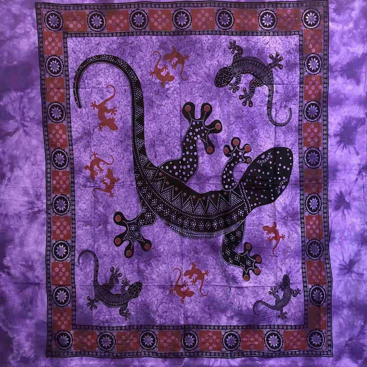 Telo Arredo Copritutto Grande Geko 210x230 cm 80% Cotone 20% Poliestere Copri divano Gran foulard con Frange Batik (Viola)