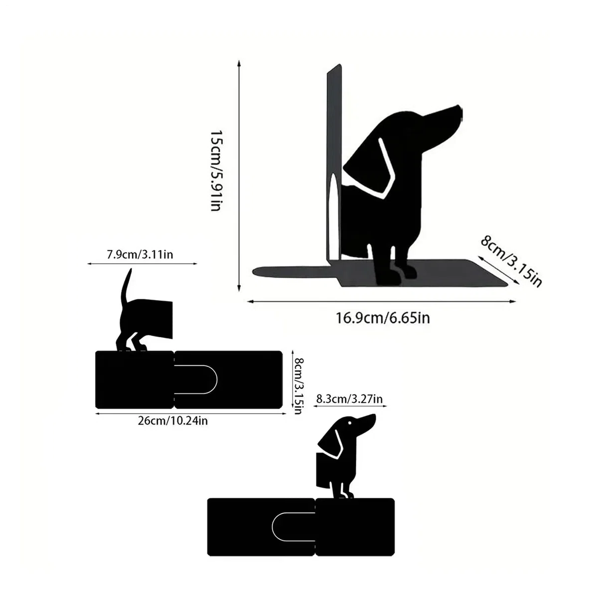 Fermalibri a forma di bassotto nero con design in metallo, fermalibri a forma di animale per la casa, struttura robusta, funzione antiscivolo, strumento decorativo, accessorio per mensole per ufficio