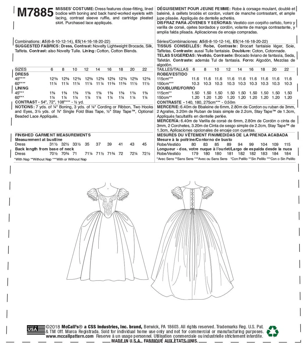 Mccalls M7885, cucire modello, modello, carta, tinta unita, 14 – 16 – 18 – 20 – 22