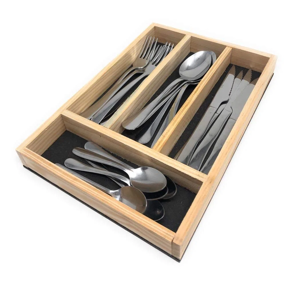 Portaposate Adatto per Cassetto - Organizzatori di Cassetti di Cucina - Vassoio Portaposate Porta-Coltelli e Porta Utensili da Cucina in Legno Naturale - 32 x 22 x 3,5 cm