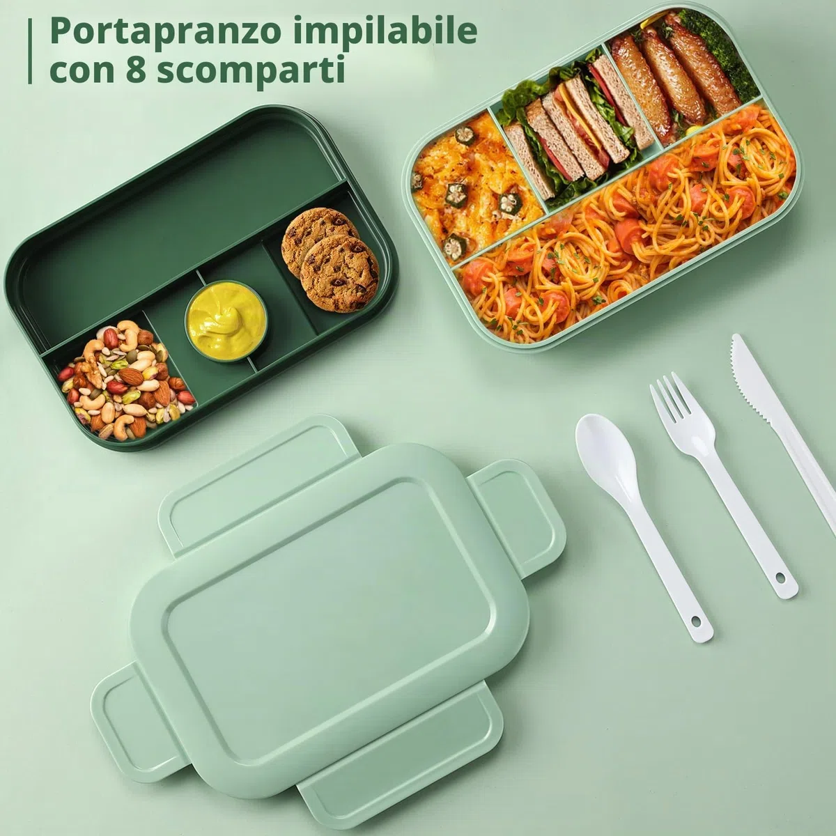 Sinnsally Porta Pranzo con 8 Scomparti 2000ml Schiscetta Pranzo,Bento Lunch Box Prova di Perdite per Adulti Porta Cibo,Portavivande senza BPA con Posate,Sicuri per Microonde e Lavastoviglie(Verde)
