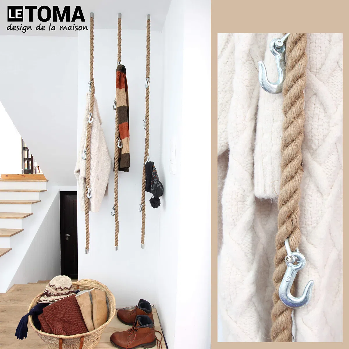 Guardaroba in corda di juta con ganci in metallo per appendere al soffitto, parete in design industriale - pratico, salvaspazio - 1x corda de 160 cm e 5 robusti ganci per gru in acciaio