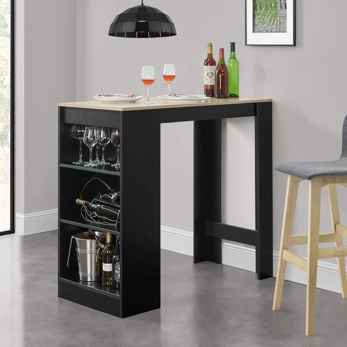 [en.casa] Tavolo Alto da Bar con 3 Scomparti Aperti Bancone da Lounge Caffè Bistrot con Ripiani Laterali Penisola Cucina Stretta 110x50x103 cm - Nero/Effetto Rovere
