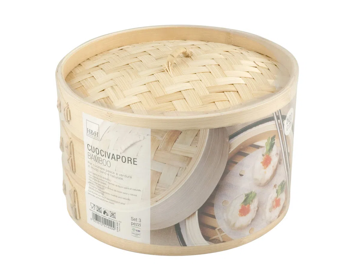 H&H Cuocivapore in Bambù, 2 Piani, con Coperchio – Cestello per Cottura a Vapore, 20 cm – Ideale per Carne, Pesce, Verdura e Ravioli