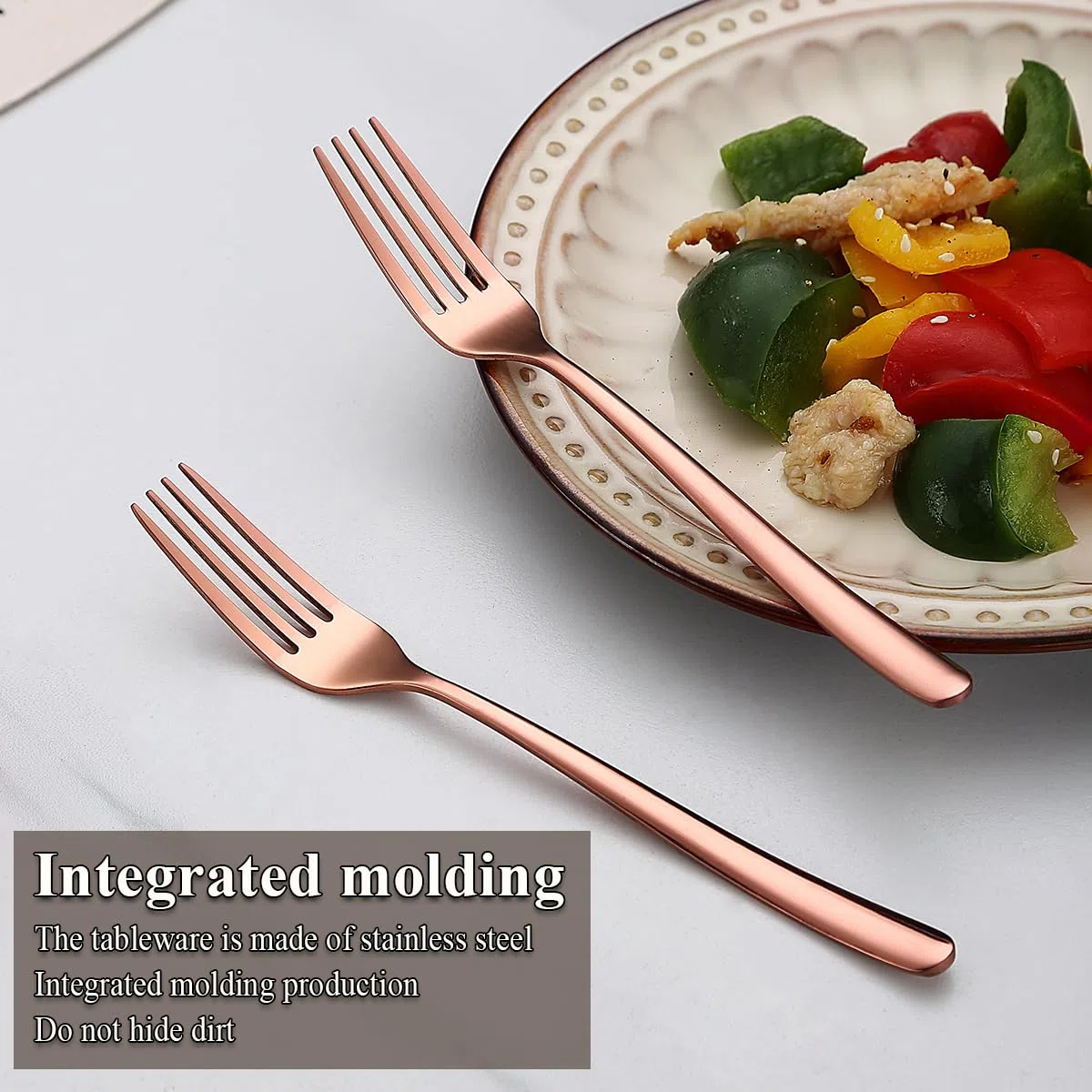 Evanda Set di 12 forchette da tavola color oro rosa, 18,3 cm, in acciaio inox placcato in rame e titanio, per casa, ristorante, hotel, lavabili in lavastoviglie