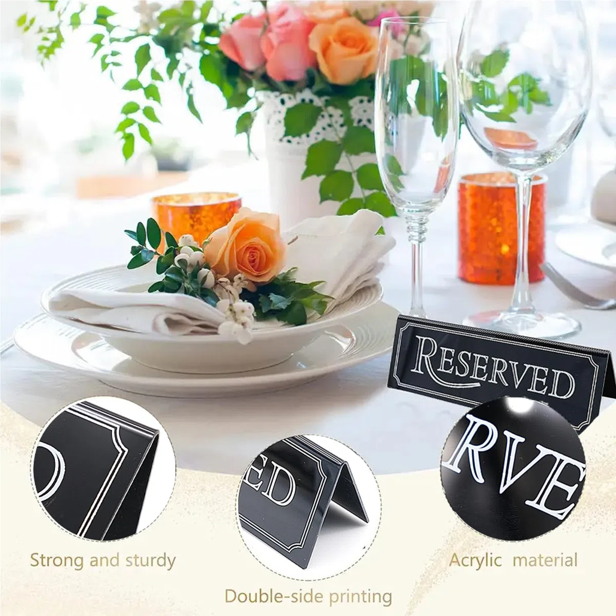 6 Pezzi Segnaposto Riservato, Cartello Riservato in Acrilico Segna Tavolo Nero Doppio Lato “Reserved” 15 x 5 cm per Matrimoni Ristoranti Banchetti