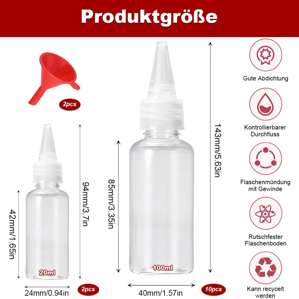 12 bottiglie in plastica, spremiagrumi, con tappi, dosatore, bottiglia con imbuto per spezie, ketchup, senape, mayo, olio d'oliva (10 pezzi da 100 ml, 2 pezzi da 20 ml)