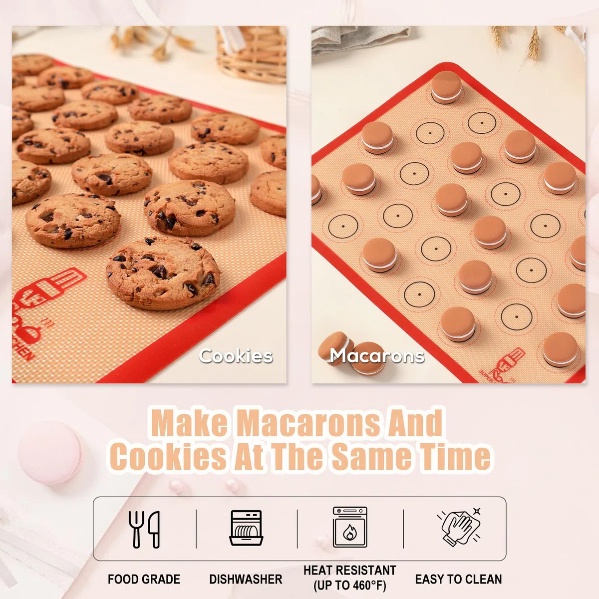 Super Kitchen Set da 3 Tappetini da forno in silicone Antiaderente, Foglio da Forno per Macaron Biscotti Pane - Carta da Forno Riutilizzabile, Stuoia Pasticceria, Resistente al Calore, Senza BPA