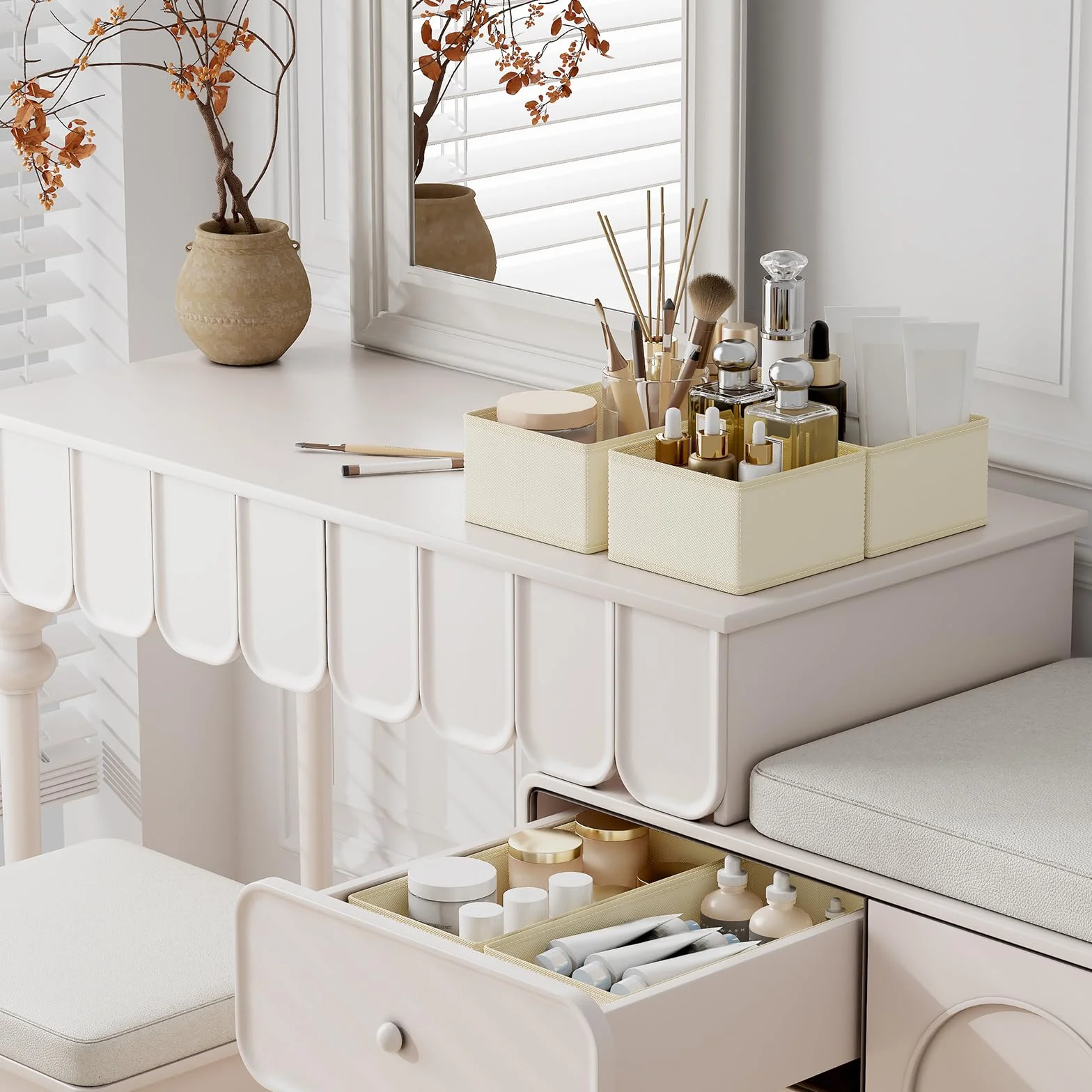 DIMJ Organizer Cassetti, Cassetto Organizer, Divisori per Cassetti, Organizzatore Armadio Pieghevole Organizzatore, Contenitori per Armadio Salvaspazio, Tessuto Non Tessuto, 12 Pcs, Beige