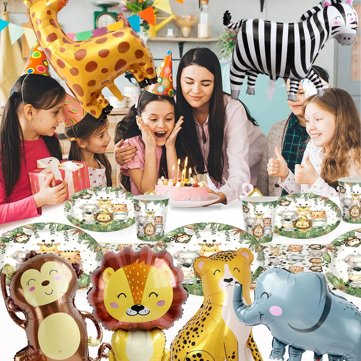 Safari nella giungla Set di decor per il compleanno,Giungla Decor di compleanno in stoviglie con palloncini in foil,Piatti di carta bicchieri tovaglioli Palloncino 20 ospiti
