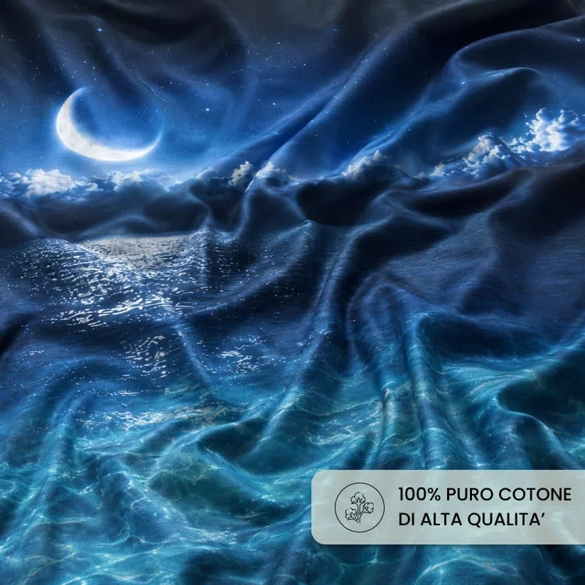 INTRECCI Set Completo Lenzuola Matrimoniali 100% Cotone | Fantasia: Dis.04 Sea Moon | Stampa Digitale di Alta Qualità | Morbido, Traspirante, Per Pelli Sensibili | Resistente in Lavatrice