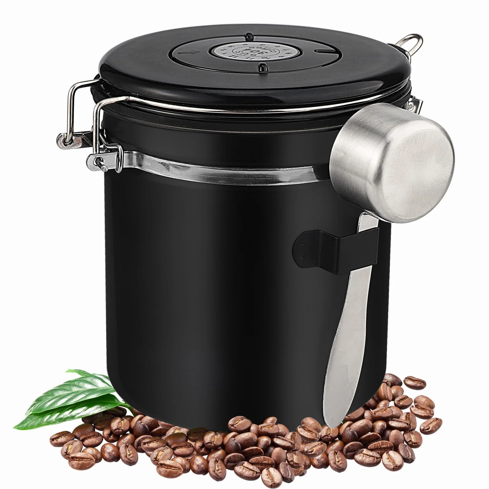 Barattolo Caffe (1,5L), Contenitore Ermetico Caffè, Materiale In Acciaio Inossidabile, con cucchiaio incluso,adatto per conservare chicchi di caffè, spezie, tè e noci (Nero)