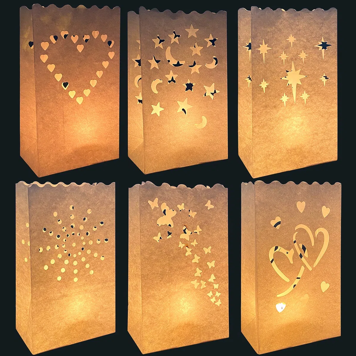 30 sacchetti luminari, lanterne di carta resistenti alla fiamma, riutilizzabili, sacchetti luminari bianchi, a forma di farfalla, stella a forma di cuore e luna, per matrimoni, feste romantiche