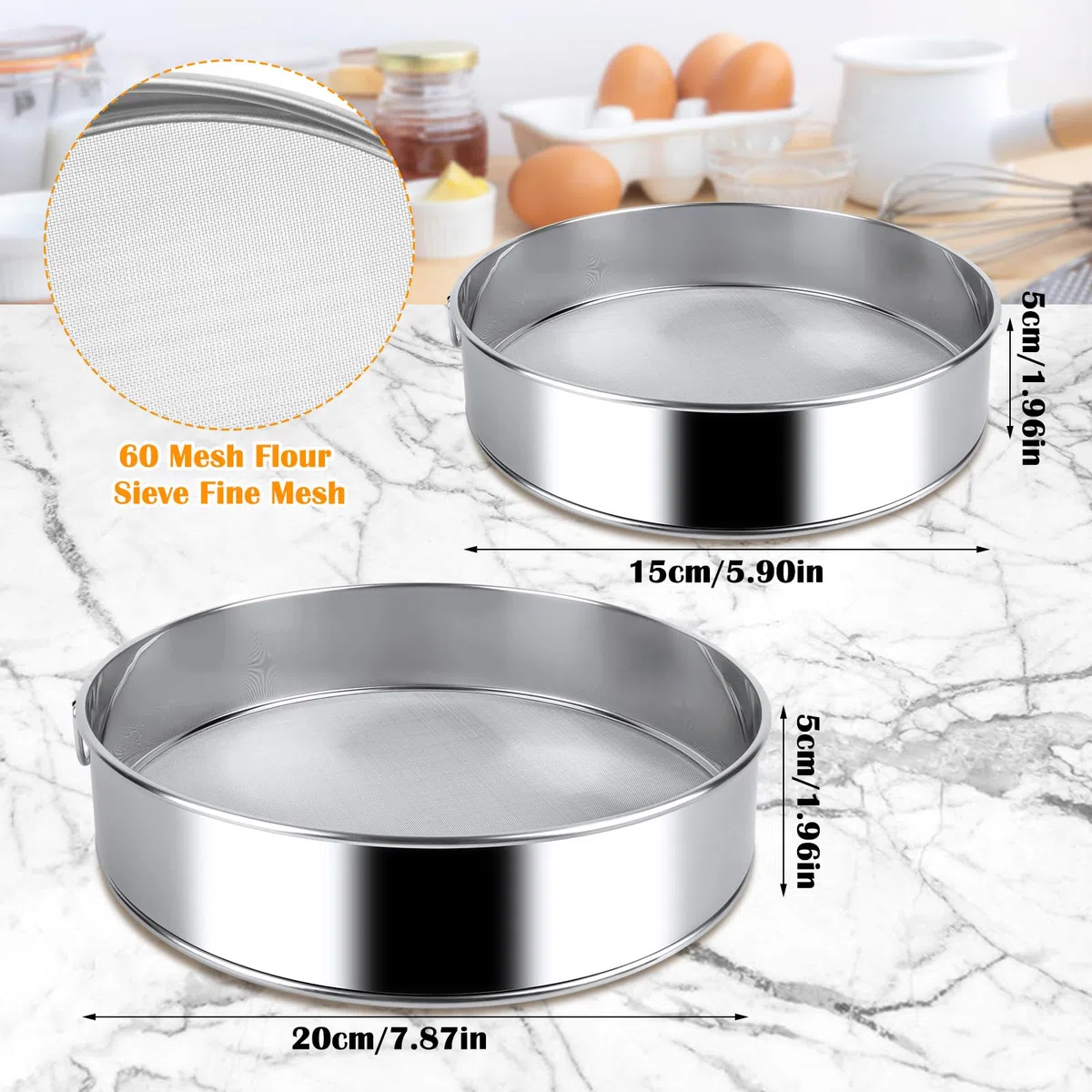VFANDV Setaccio Farina, 15CM+20CM Rotondo in Acciaio Inossidabile Setaccio Farina, Setaccio da Cucina 60 Maglie Fine Setaccio per Farina Professionale