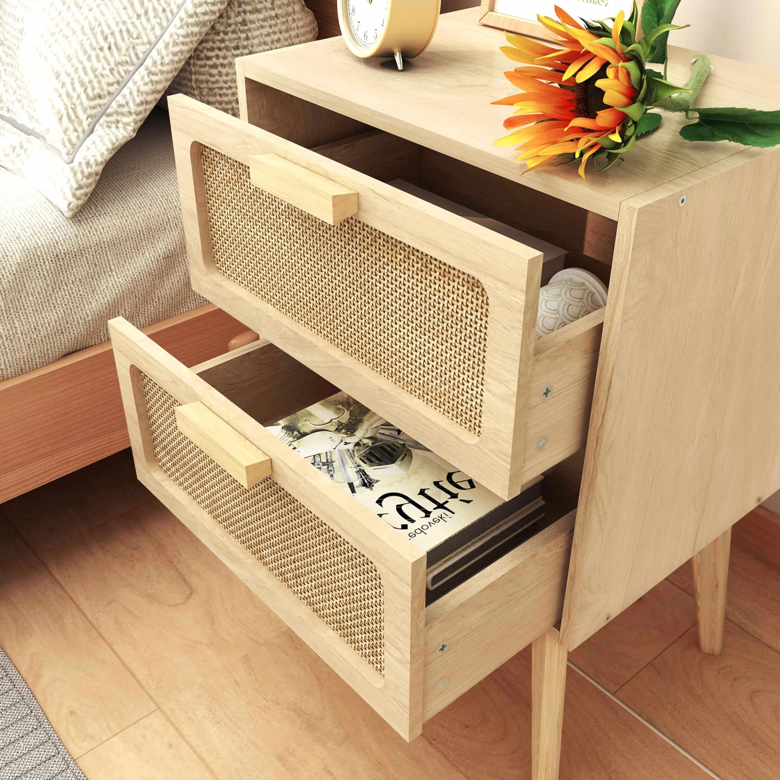 YAUKOMEL Comodino in rattan, comodino bohémien con portaoggetti, tavolino, tavolino con 2 cassetti decorati in rattan fatti a mano per piccoli spazi, soggiorno, camera da letto, naturale, DECTG59Y