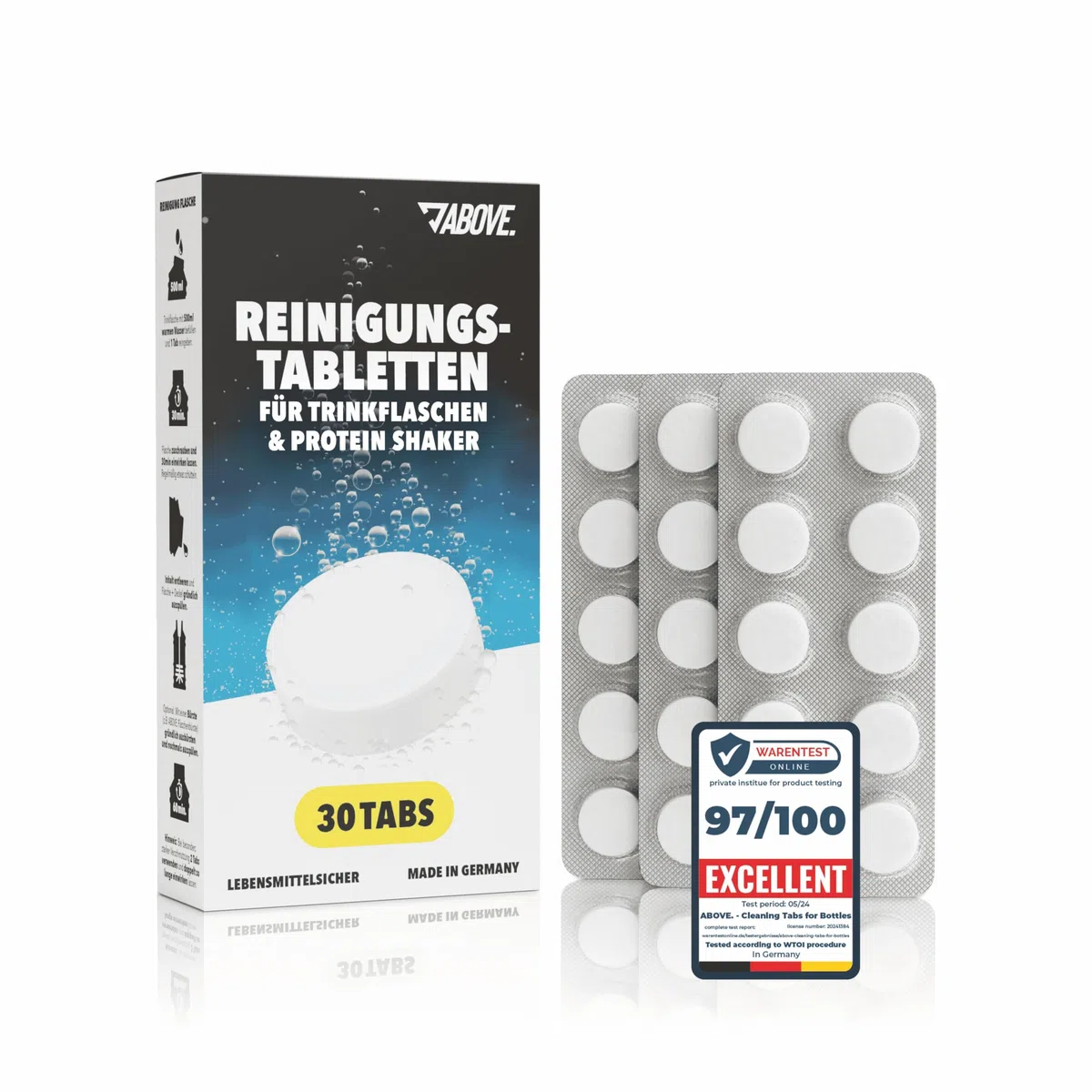 ABOVE Pastiglie Igienizzanti per Bottiglie - 30 TABS | MADE IN GERMANY | Rimuove Residui e Odori | Per Borracce, Shaker, Thermos in Acciaio Inox, Vetro e Plastica