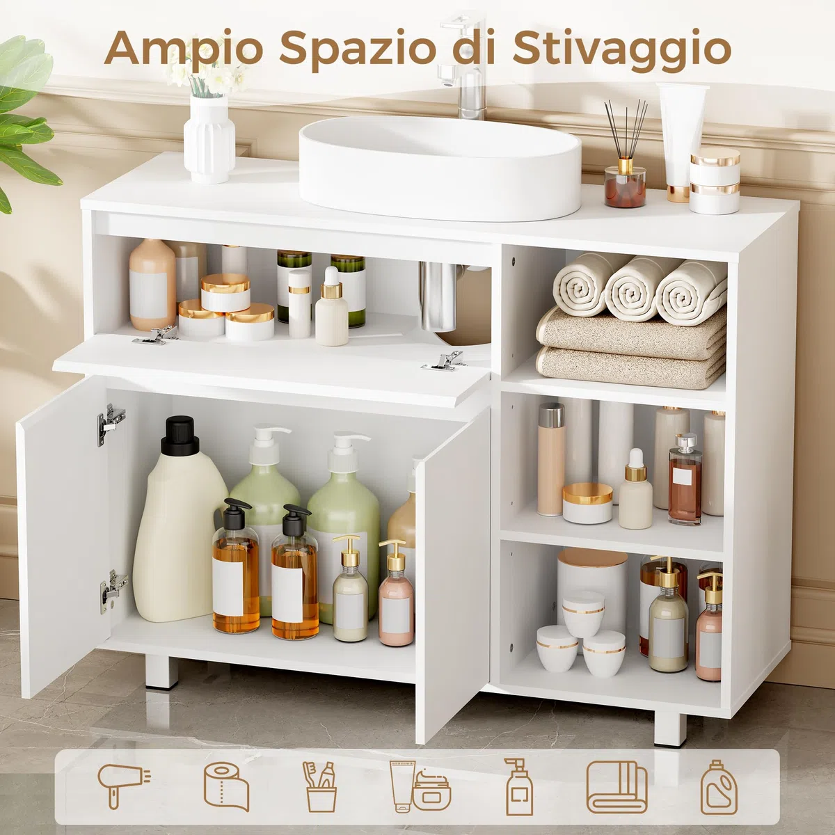 BEWISHOME Mobile Sottolavabo per Bagno,Mobile da Bagno, 1 vano Portaoggetti Nascosto, 2 Ante, 3 Ripiani Regolabili Aperti, con Gambe, 90 x 64.5 x 30 cm, Bianco EYSG02W