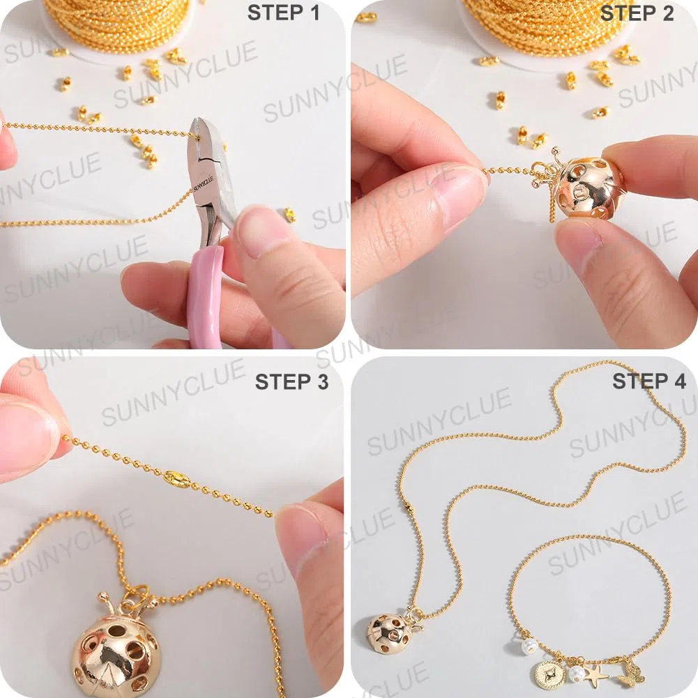 SUNNYCLUE 50 pz 33 piedi/10 m 1.5mm Catene per Targhette per Cani Catena con Perline A Sfera Dorata Rotolo Sfuso In Metallo Ottone Dorato Estensione con Linguetta Dorata Connettori Abbinati con Fermag
