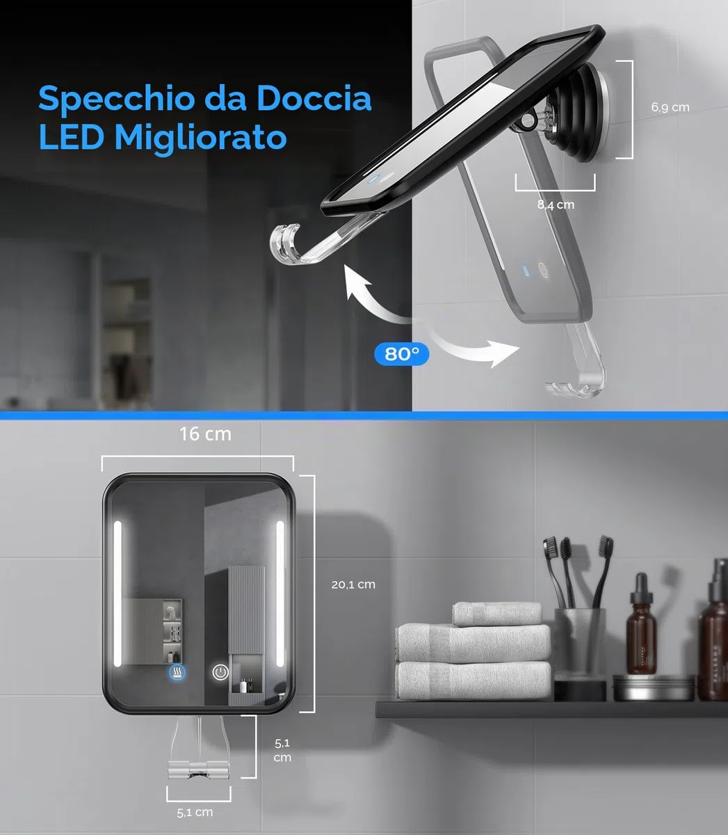 Gospire Specchio da doccia riscaldato, anti-appannamento, per rasatura con luce, batteria ricaricabile da 5000 mAh, ventosa rimovibile e supporto per rasoio da parete, senza foratura, rimovibile