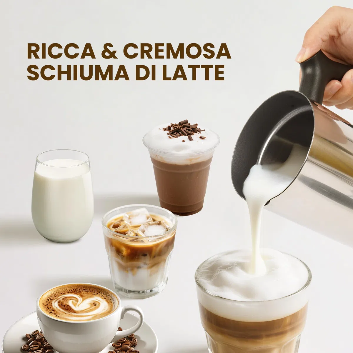 Montalatte Elettrico 4 in 1, Scaldalatte per Calda e Fredda in Acciaio Inossidabile per Cappuccinatore，Caffè, Cioccolata 300ML