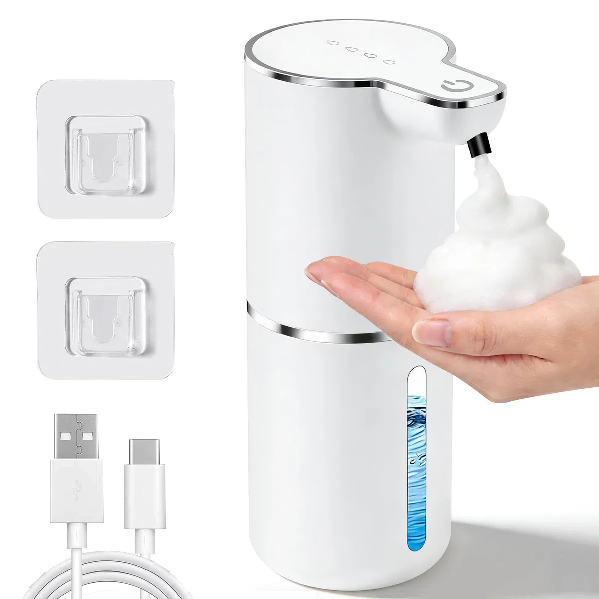 Dispenser Sapone Automatico, 350ML Dispenser Sapone Bagno, Elettrico a Parete Senza Contatto, Ricaricabile via USB IPX5 Impermeabile, per Bagno, Cucina, Ufficio Bianco
