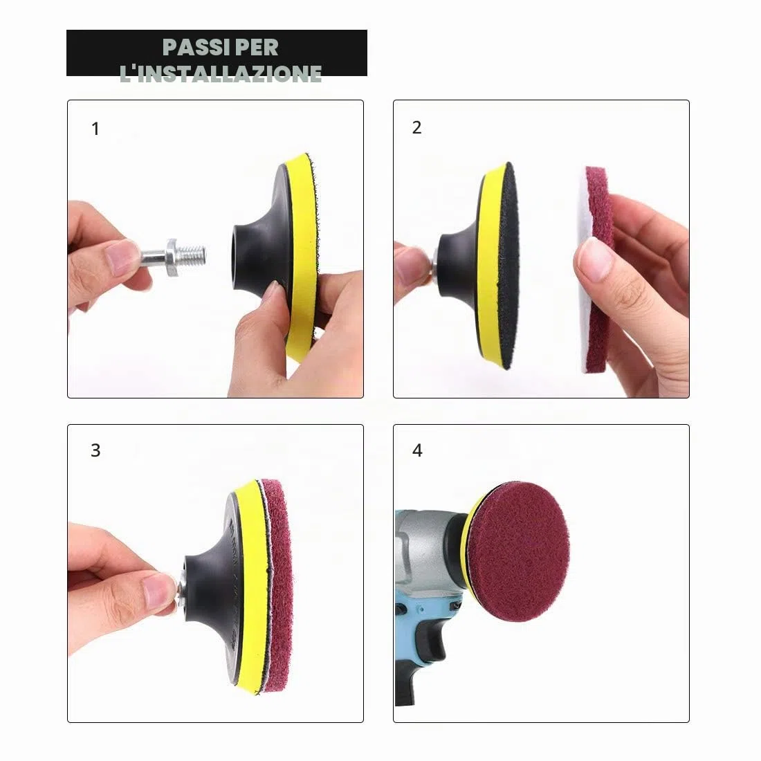 Glarks - Kit di 16 panni abrasivi per trapano, 10,2 cm, con supporto per dischi da 10,2 cm, per la pulizia di bagno e cucina, 3 diverse durezze (rosso, grigio, verde)