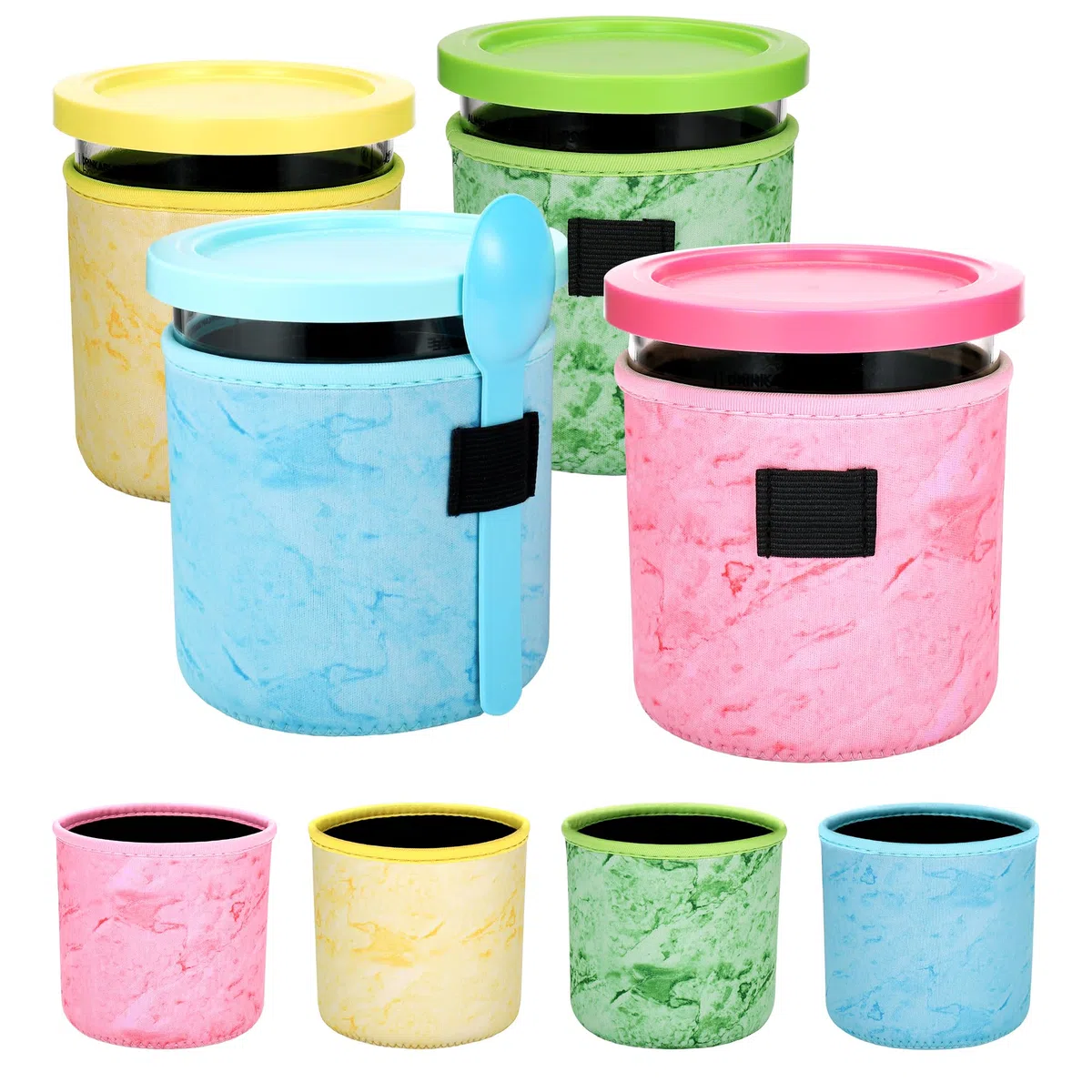 Hejo 4 Pezzi Custodie per Gelato in Neoprene per Ninja Creami DeluxeNC500 NC501 Serie,Maniche Isolate Riutilizzabili per Ninja Cream Deluxe Tubs,Manicotto per Ninja Coppe Gelato(24OZ)