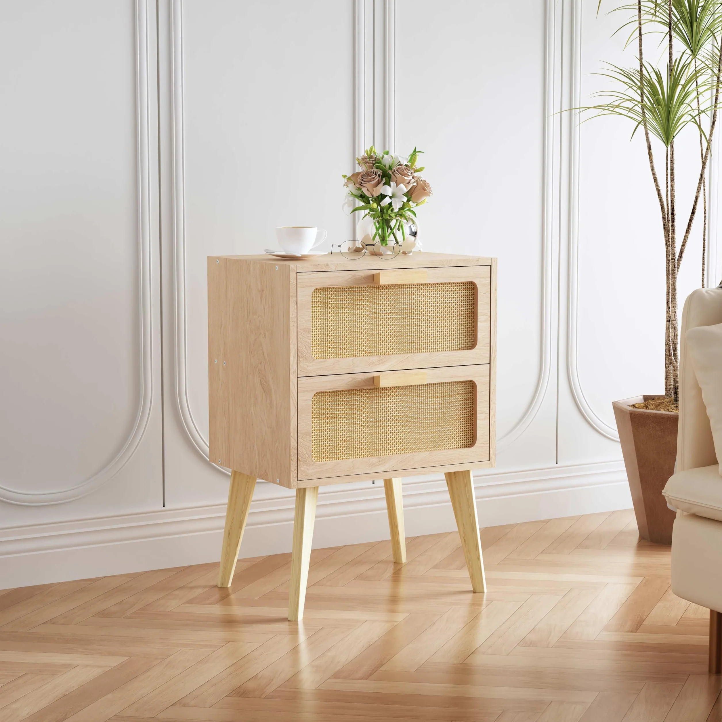 YAUKOMEL Comodino in rattan, comodino bohémien con portaoggetti, tavolino, tavolino con 2 cassetti decorati in rattan fatti a mano per piccoli spazi, soggiorno, camera da letto, naturale, DECTG59Y