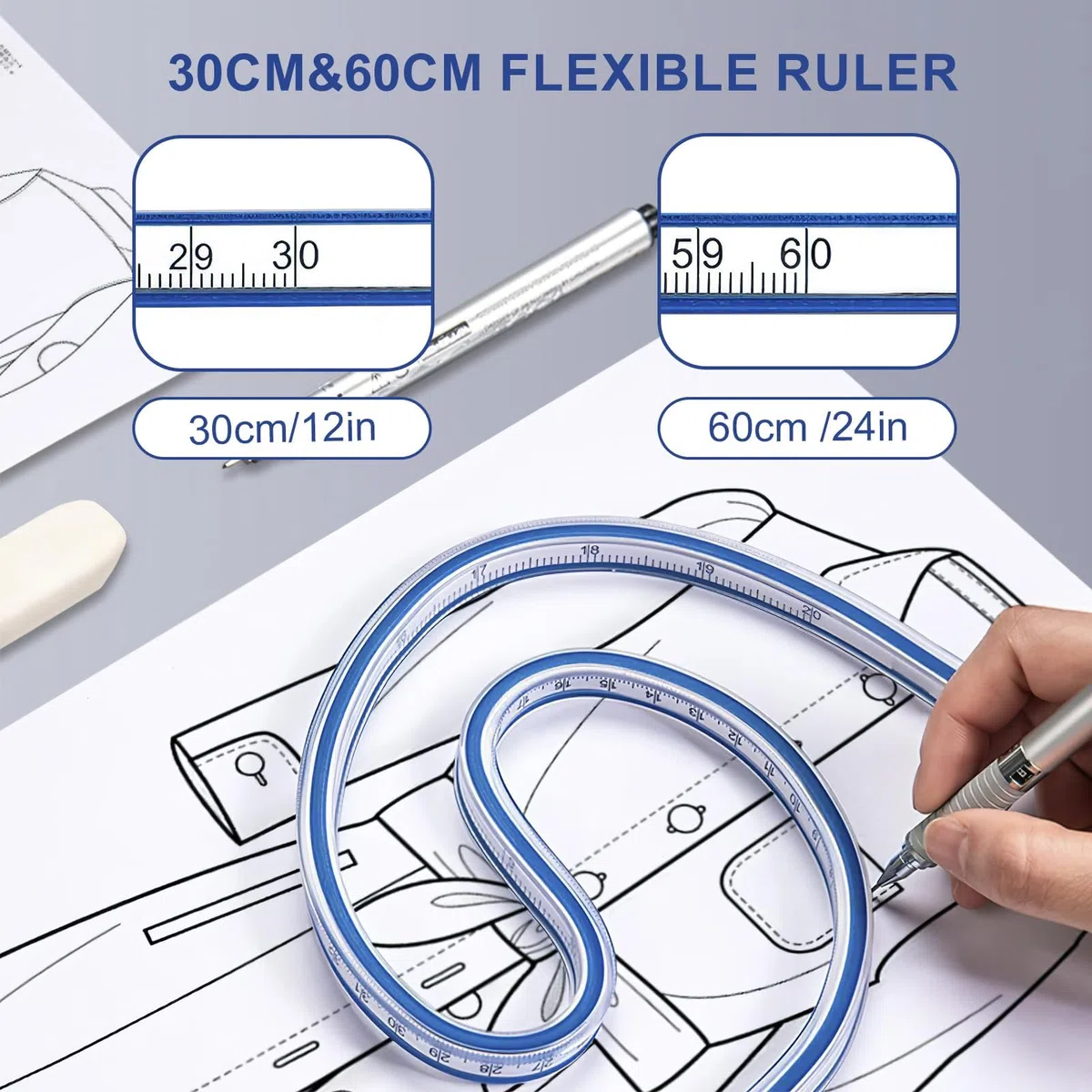 2 Pezzi Curvilinee Flessibile, Curvilinee per Disegno Tecnico da 30 cm e 60 cm per Cucito, Disegno e Modellismo, Strumenti di Misura Multifunzionali