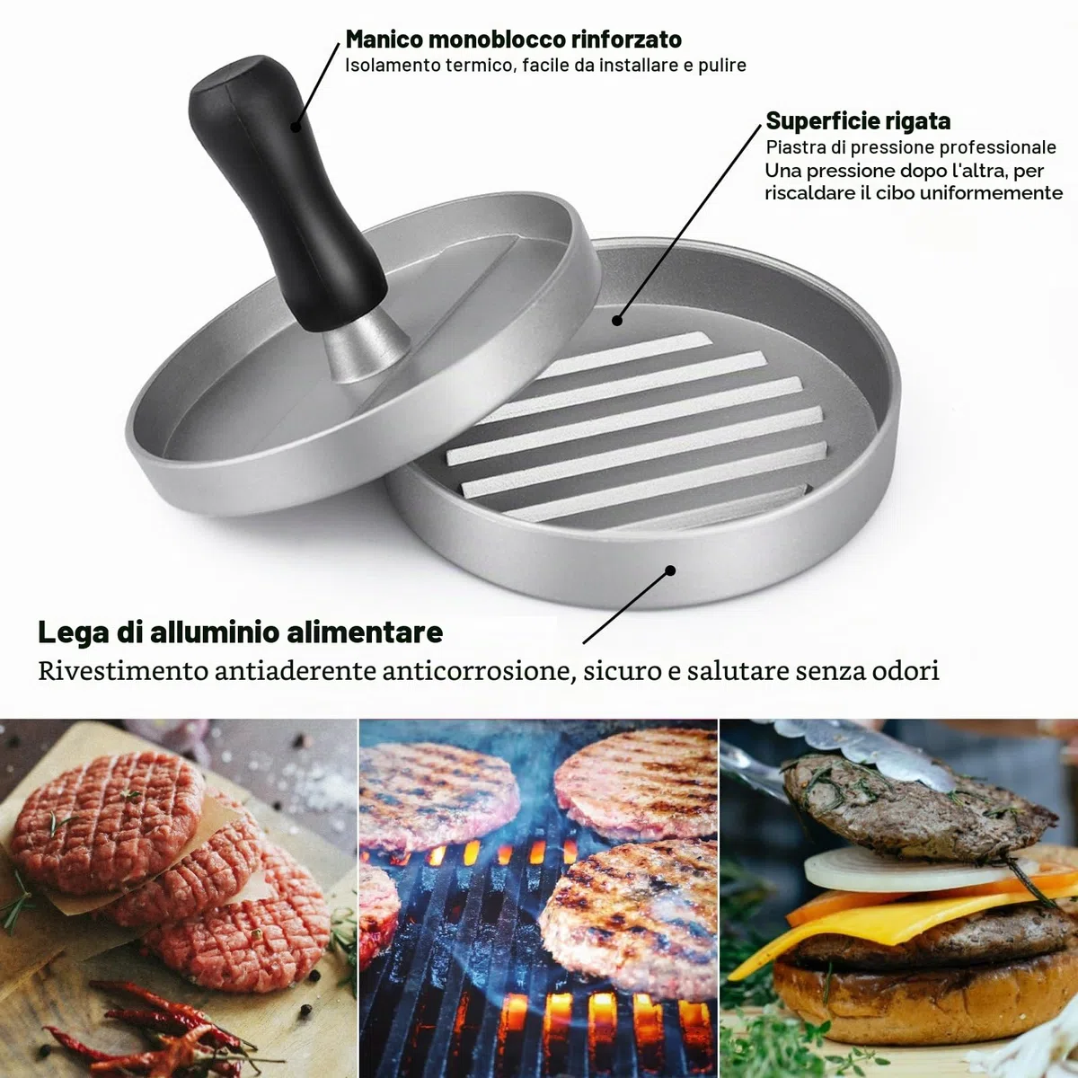 Pressa per Hamburger Pressa Stampa in Alluminio + 200 Carta Antiaderente,Pressa per Hamburger in Alluminio,Rotondi Hamburgher Attrezzo per Patty, BBQ, Grill e Cucina