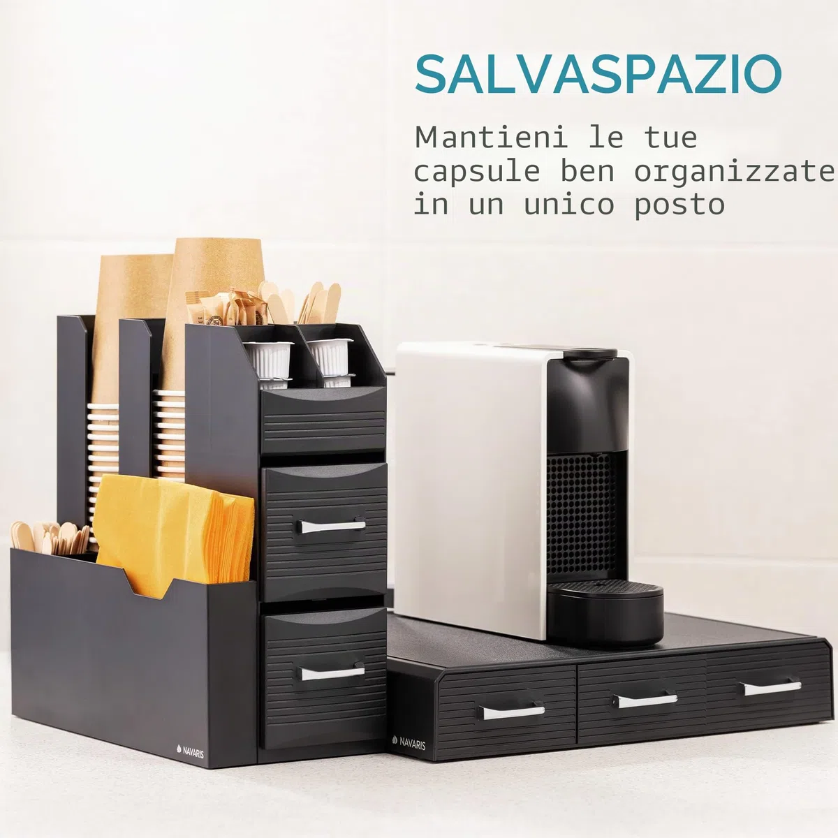 Navaris Porta Cialde - Contenitore Capsule - Cassetto sotto Macchina Caffe - Portacialde da caffè - Porta Bicchierini Zucchero e Palette - Organizer Angolo Caffe Cucina - Nero