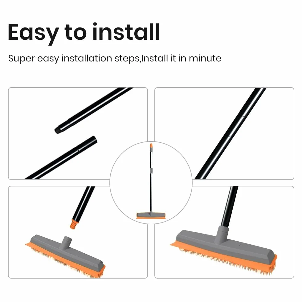 TreeLen Rubber Broom Carpet Rake Pet Hair Remover with Squeegee Extension for Carpet and Hardwood Floor Cleaning