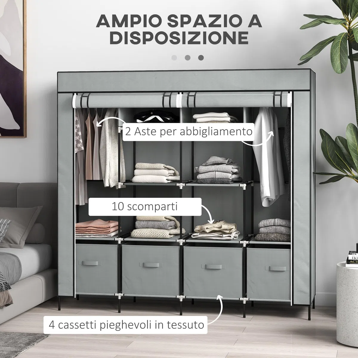 HOMCOM Armadio Portatile in Tessuto non Tessuto e Acciaio, Guardaroba con 10 Ripiani, 4 Cassetti, 2 Barre Appendiabiti e Ante a Cerniera, 166x42.5x169.5cm, Grigio Scuro