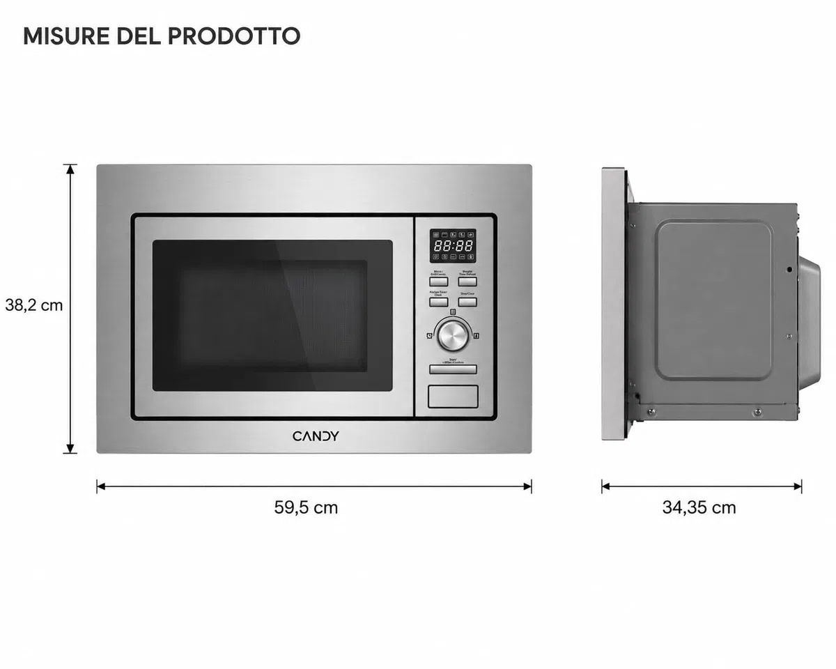 Candy Wave 600 Microonde da Incasso, 20 Litri, 7 programmi, 5 livelli di potenza, Grill, ricette su App hOn AxLxP 38,2x59,5x34,4 cm, Acciaio Inox - CA20FMW7NG